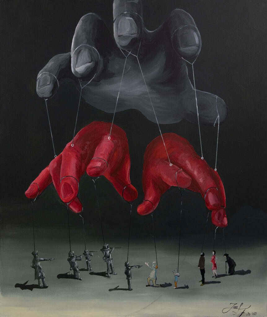 Surrealistická maľba zobrazujúca veľkú tmavú ruku ovládajúcu červené marionetové ruky na šnúrkach, pod ktorými stoja malé ľudské postavy na neutrálnom tmavom pozadí.